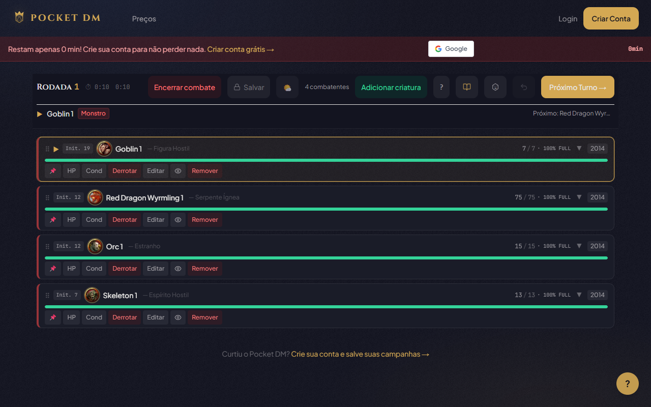 Combate ativo no Pocket DM — Rodada 1 com Goblin agindo, barras de HP e botões de ação
