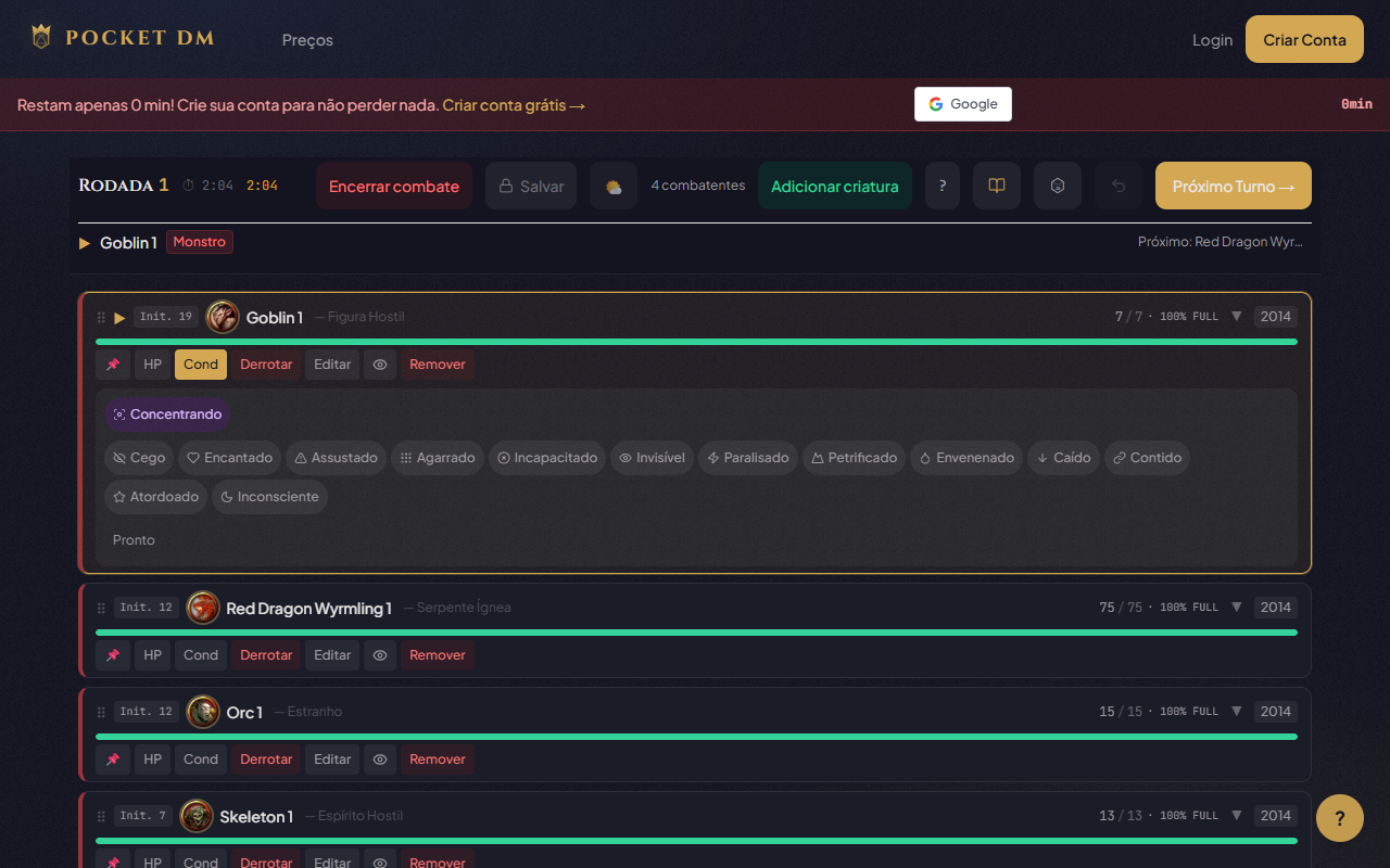 Pocket DM — condições e HP visíveis para todos os jogadores durante o combate