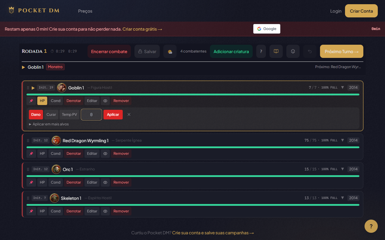 Painel de HP no Pocket DM — opções de Dano, Curar e Temp PV com campo de valor