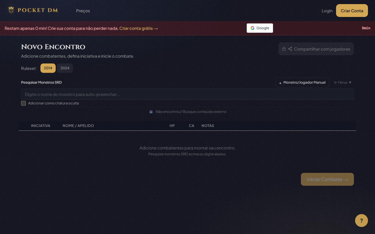 Tela inicial do Pocket DM — Novo Encontro com busca de monstros SRD