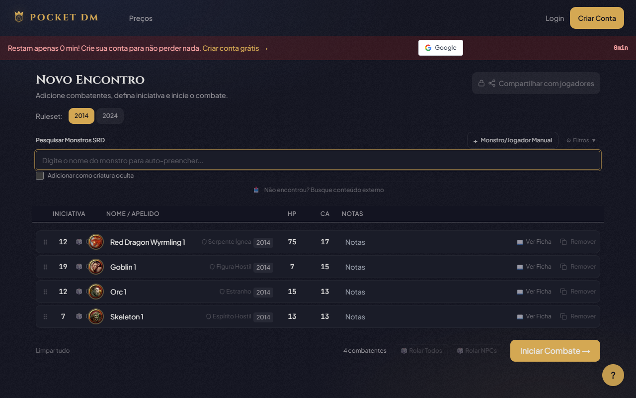 Encontro montado com 4 monstros — Red Dragon Wyrmling, Goblin, Orc e Skeleton com iniciativa e stats