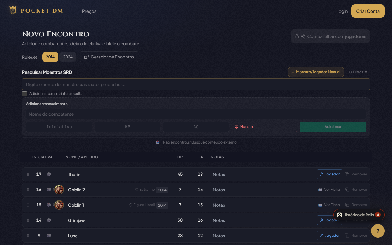Pocket DM — initiative tracker com ordem de turnos e iniciativa preenchida