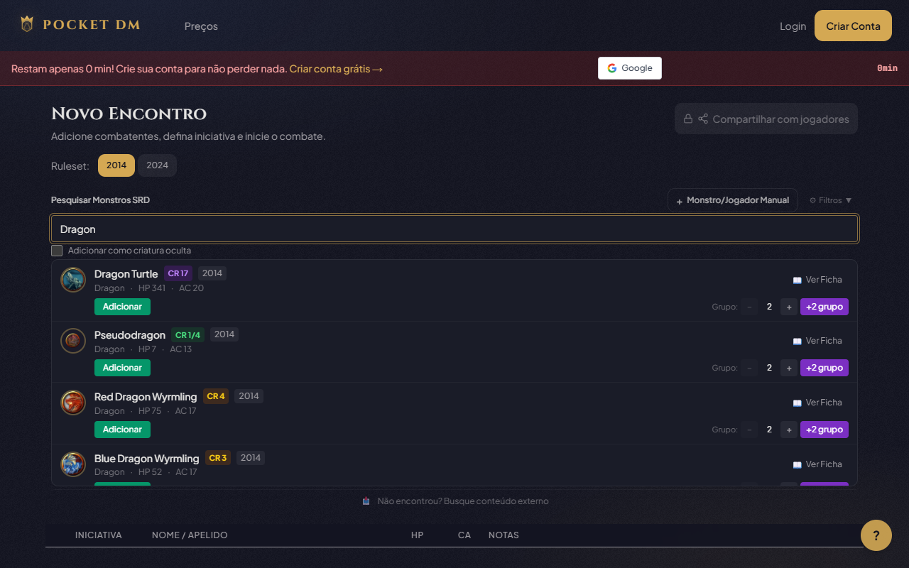 Busca de monstros no Pocket DM — resultados para 'Dragon' com CR, HP e AC