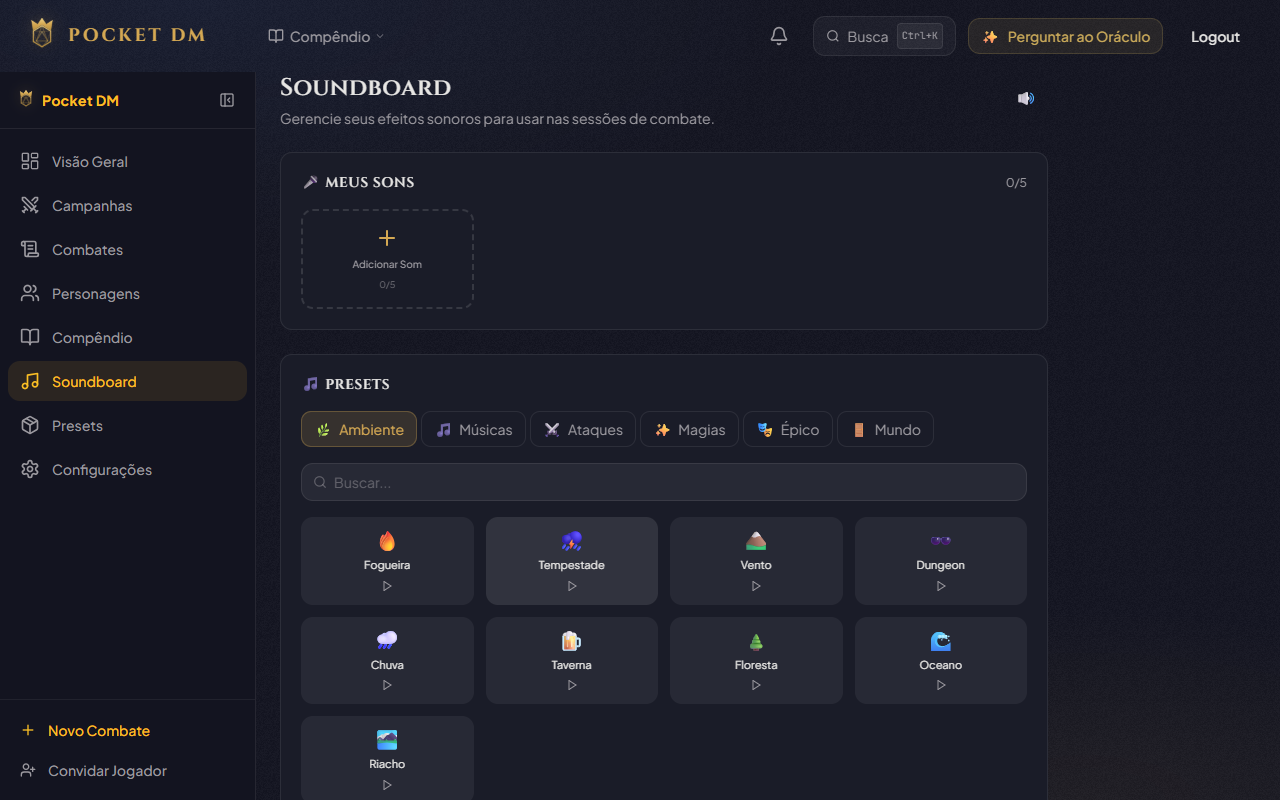 Soundboard do Pocket DM — presets de ambiente: Fogueira, Tempestade, Vento, Dungeon, Taverna, Floresta e mais