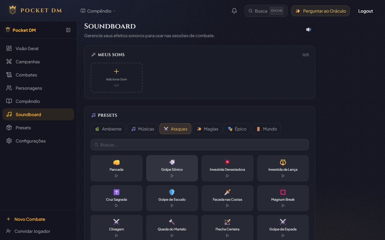 Soundboard do Pocket DM — efeitos sonoros de ataques: Pancada, Golpe Sonico, Investida Devastadora, Cruz Sagrada e mais