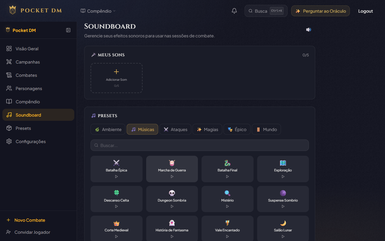 Soundboard do Pocket DM — presets de musicas: Batalha Epica, Marcha de Guerra, Exploracao, Dungeon Sombria e mais