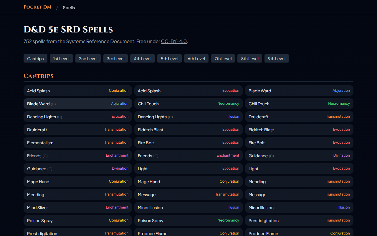 Catálogo de magias SRD do Pocket DM — 750+ spells organizadas por nível e escola