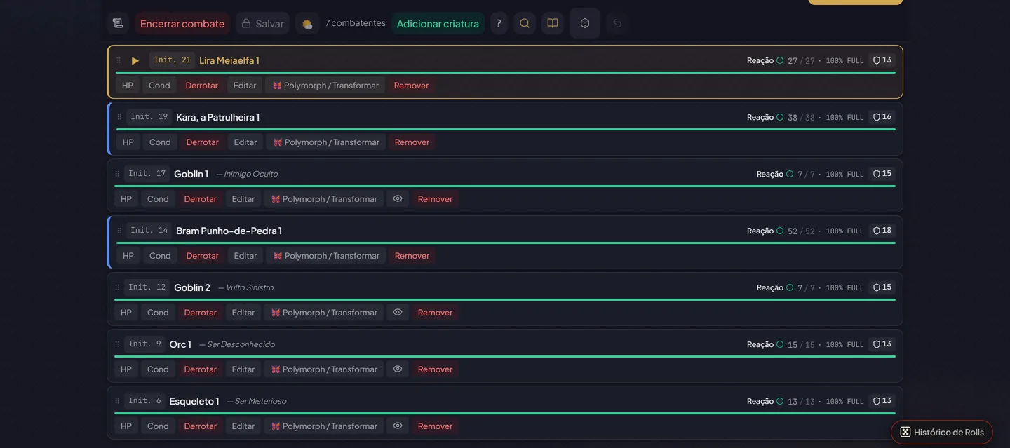 Tela do Mestre no gerenciador de combate: ordem de iniciativa, barras de HP, CA e nomes de monstros ocultos dos jogadores