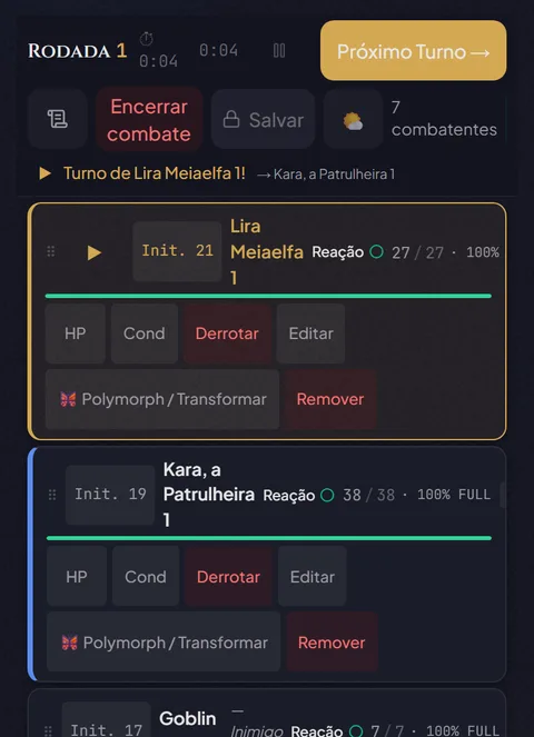 O gerenciador de combate no celular: mesma ordem de iniciativa e HP em layout compacto